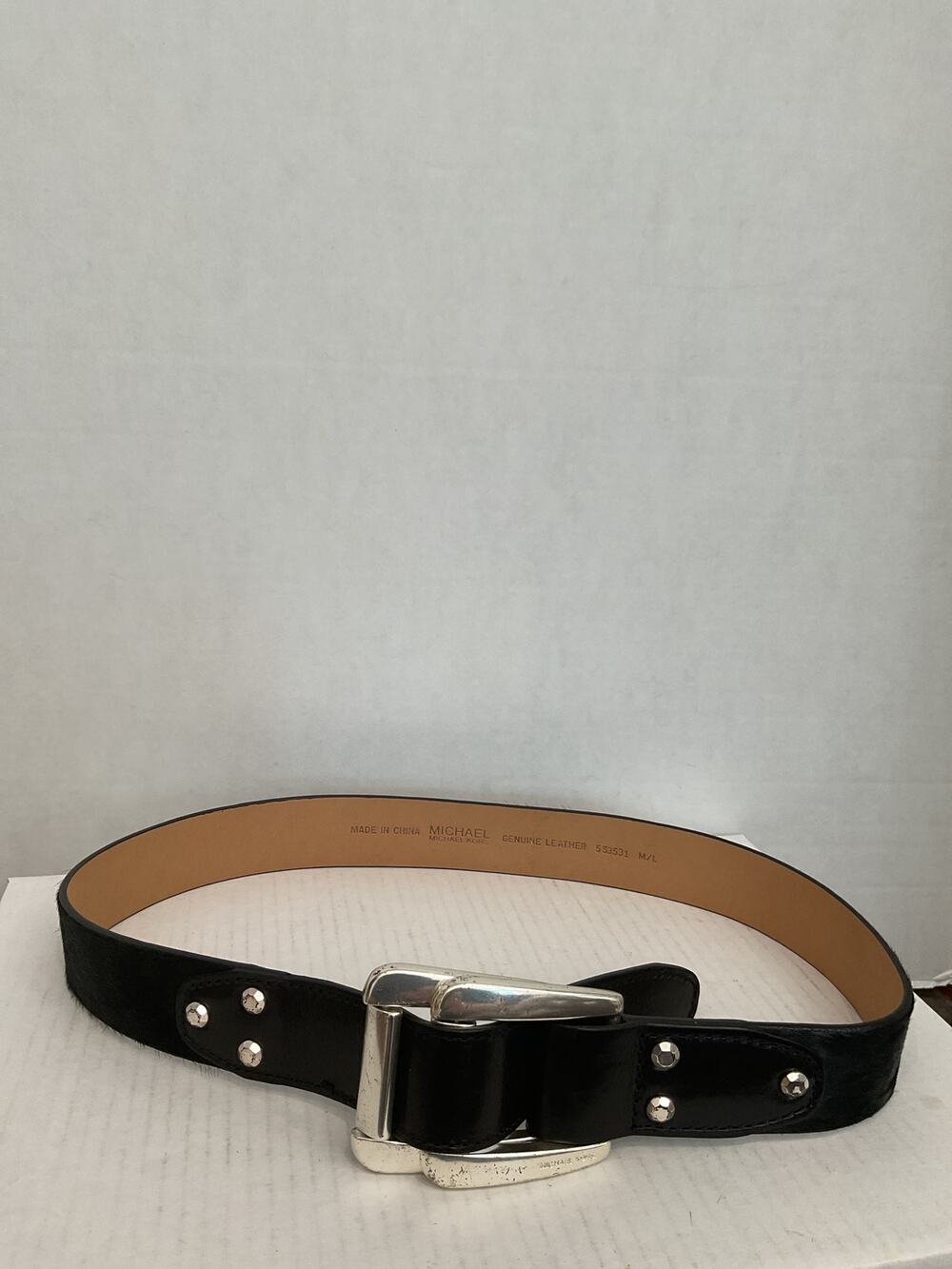 Michael Kors - Wide Black Leather & Calf Hair Belt w/Double Silver Buckles - M/L